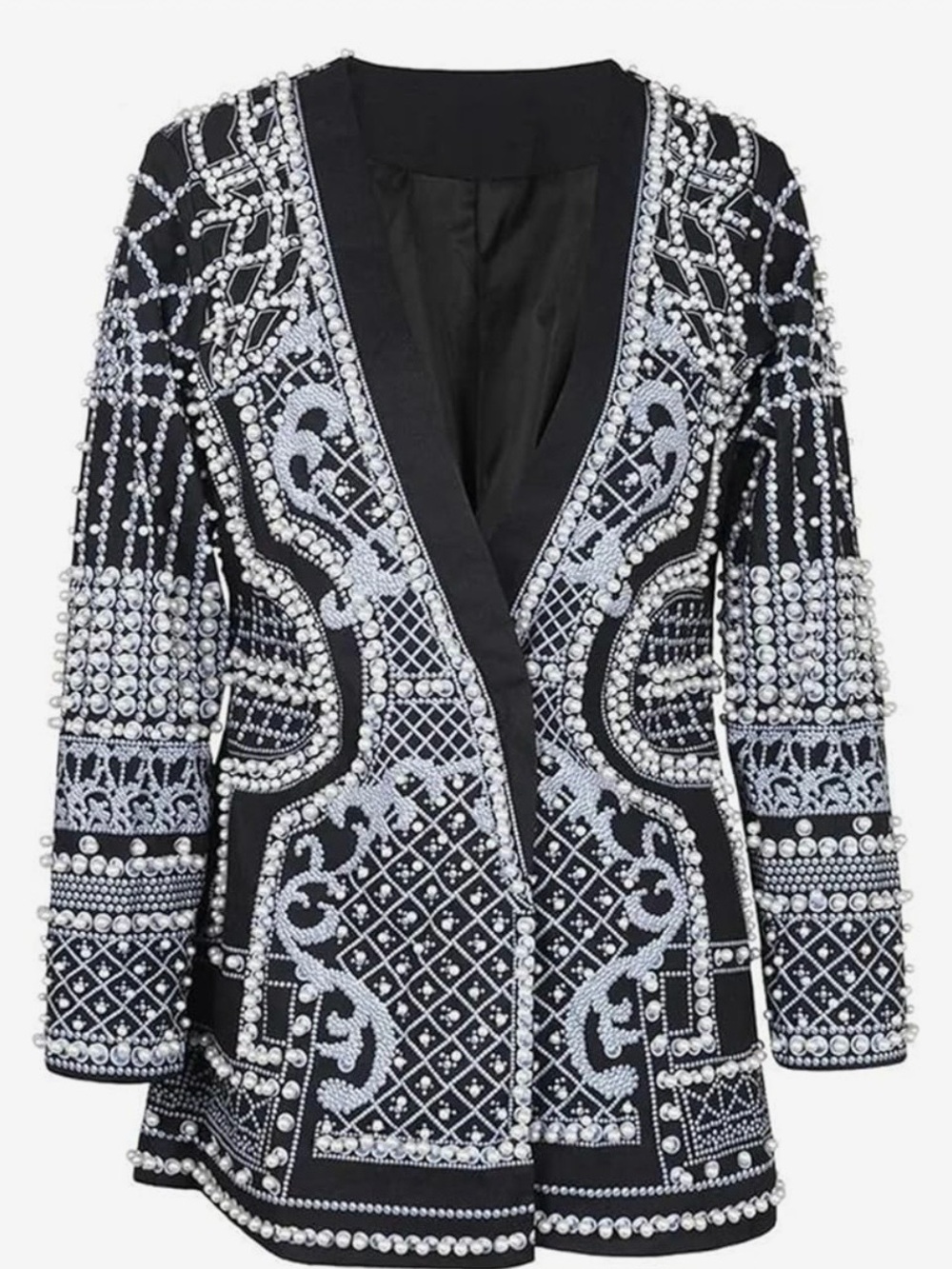 #719 Elegant Pearl Beaded Black & White Beaded Blazer/Dress. Like New - Picture 4 of 16